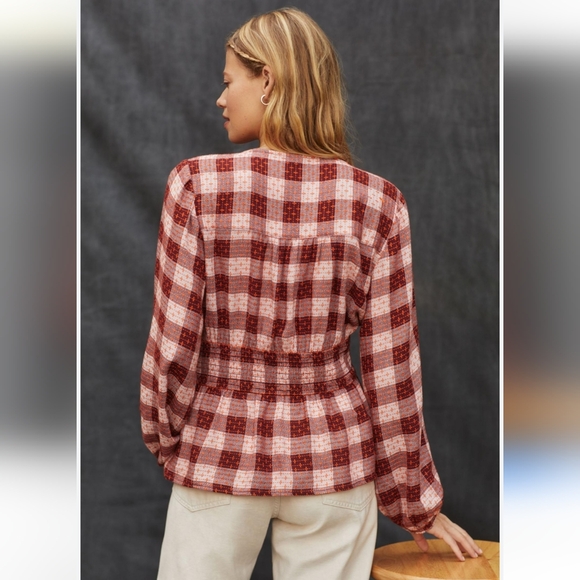 Anthropologie Pilcro Plaid Checkered Deep-V Women's Long Sleeve Blouse Women L - Picture 7 of 12